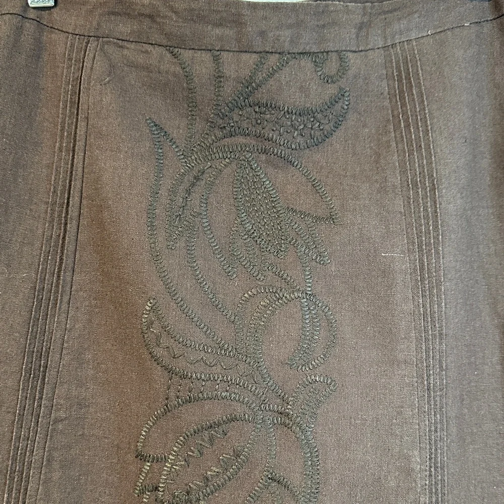Carole Little Brown Embroidered Linen Blend A-line Midi Skirt Size 10